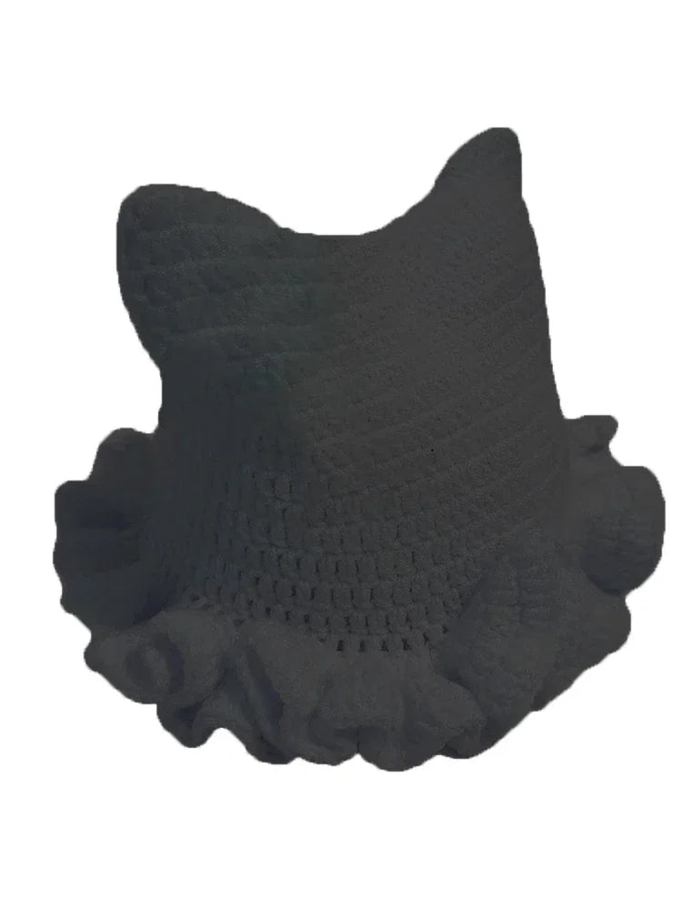 Bonnet Tricoté Main Y2K Oreilles de Chat - Chapeau Chaud avec Nœud et Bords Plissés pour Automne Hiver