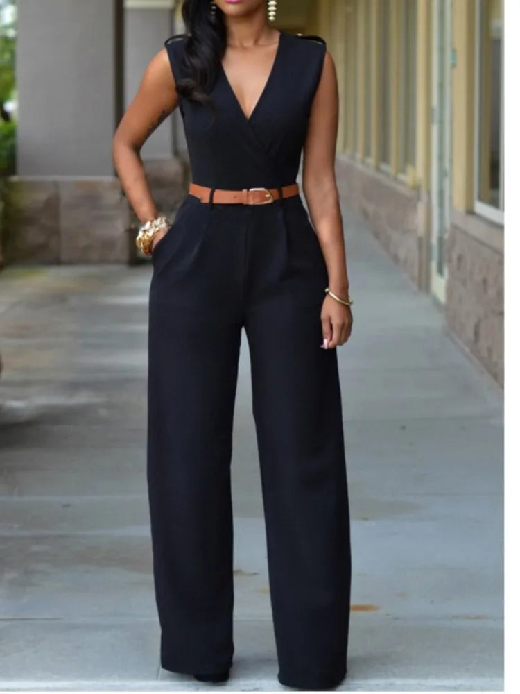 Combinaison Femme Business Formal Travail - Élégante Longue Col V Profond Sans Manches Taille Haute Wrap Streetwear