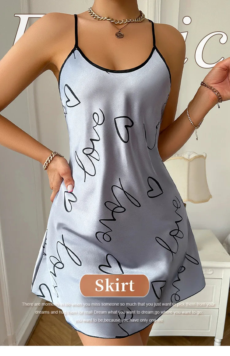 Nuisette Imprimé Cœur Lettres Bretelles Spaghetti - Col Rond Casual Sleep Dress Pyjama Femme