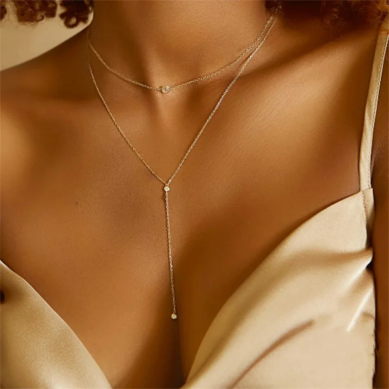 Collier Double Couche Y Minimaliste - Clavicule Long Chain Drop Pendentif Party Body Jewelry Cadeau Femme