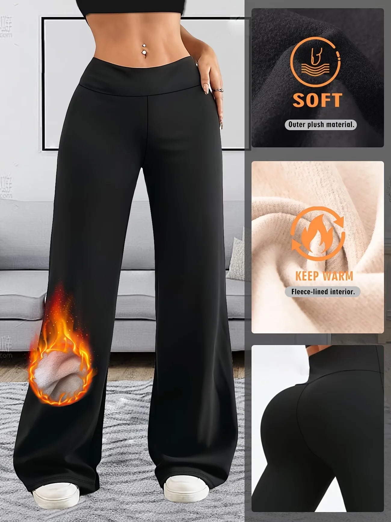 Pantalon Taille Haute Doublé Polaire Femme - Jambes Larges Chaud Élégant Casual