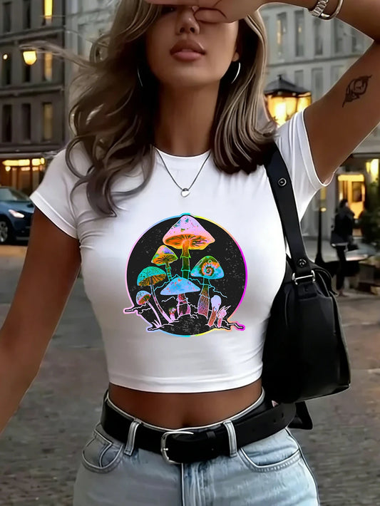 Top Crop Femme Garden Of Shrooms - T-Shirt Doux Slim Col Rond Été