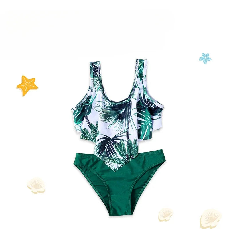 Bikini Fille 2 Pièces Imprimé Feuilles Tropicales - Tankini Sport Été