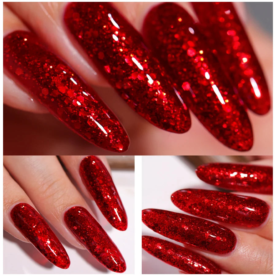 Vernis Gel Rouge Paillettes 10ml - Semi-Permanent UV LED Soak Off Nail Art Salon Maison Hiver