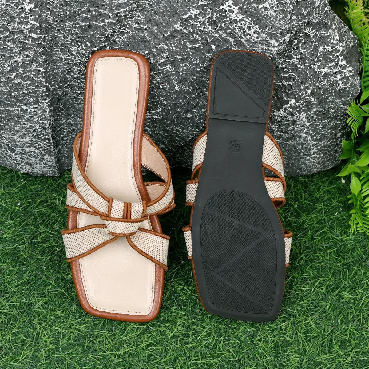 Sandales Femme Plates Été - Semi-Pantoufles Élégantes Semelle Caoutchouc