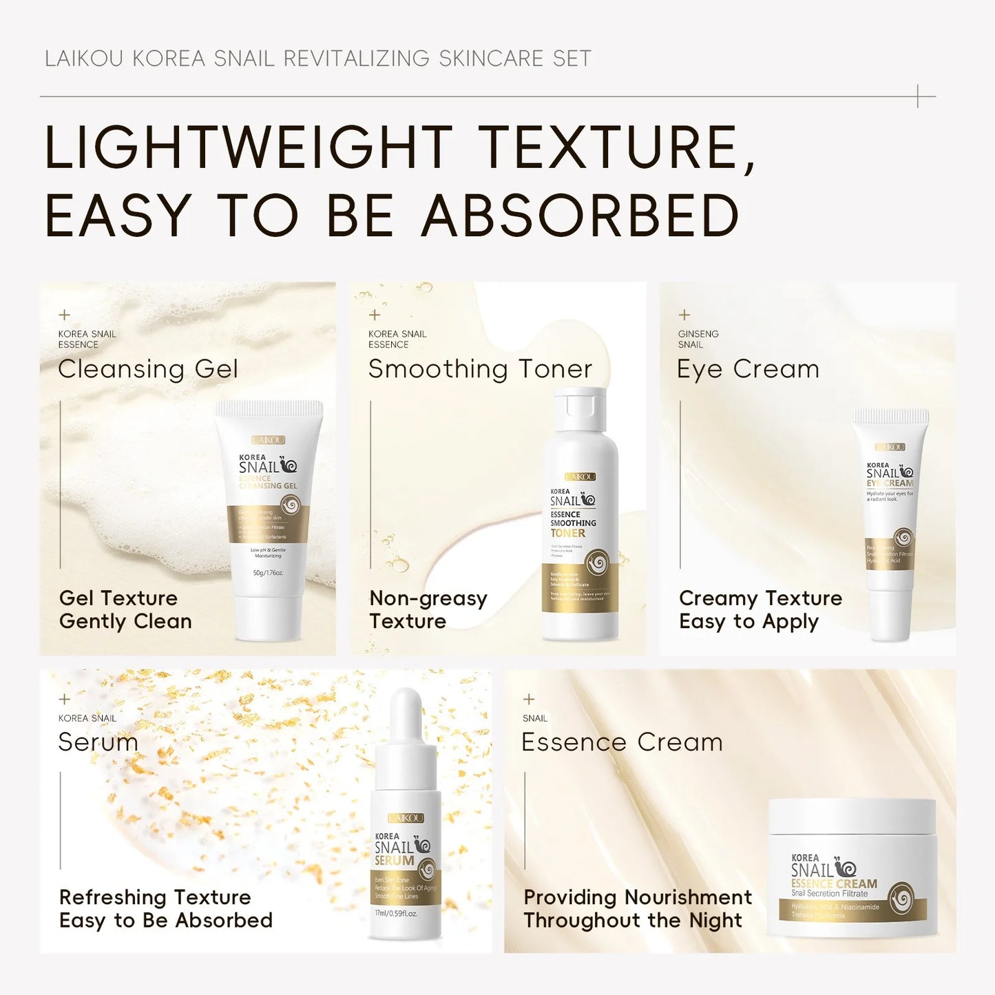 Kit Soin Visage Escargot 5 Pièces - Hydratation Profonde Anti-Âge Contour Yeux Revitalisant Lissant