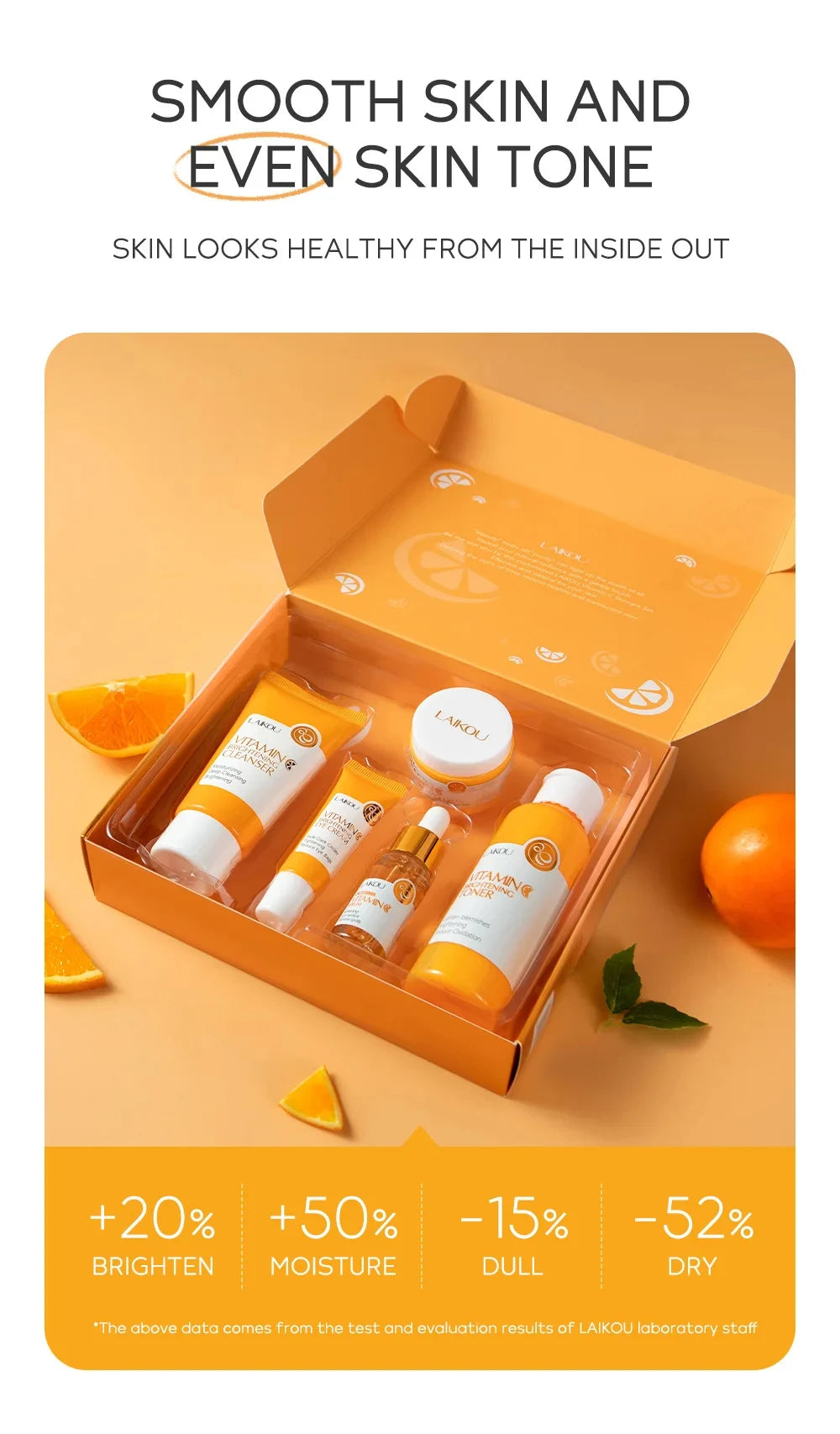 Set Soin Visage Vitamine C 5pcs - Nettoyant Tonique Sérum Yeux Crème Antioxydant Naturel Unifie Teint