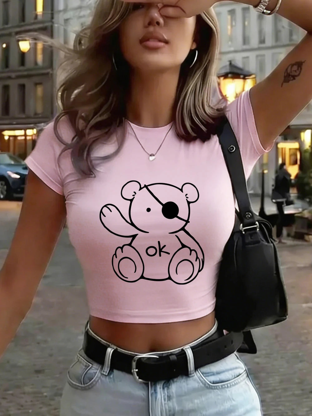 Top Crop Femme Kawaii Ok Teddy Bear - T-Shirt Doux Slim Col Rond Été
