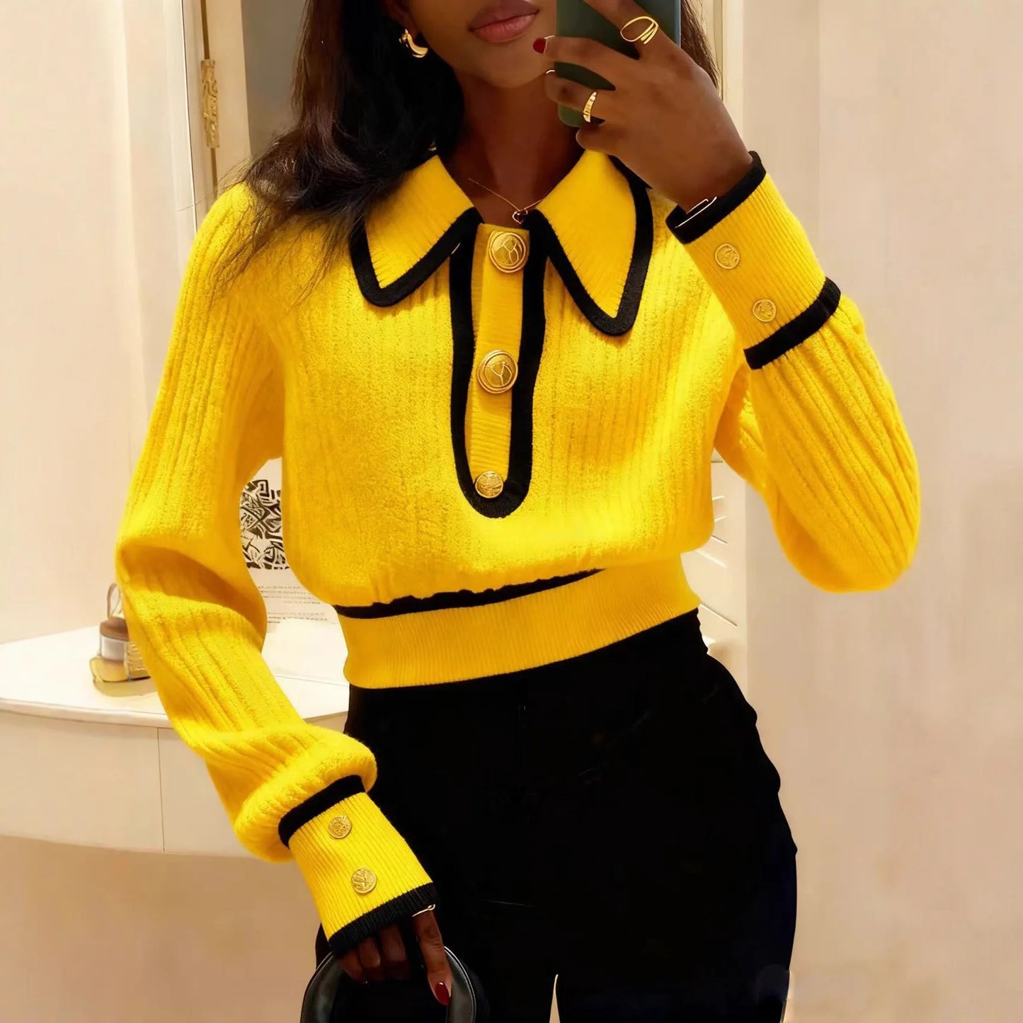 Pull Femme Col Polo Rayé - Sweater Tricoté Manches Longues Élégant Bureau Chaud 2025