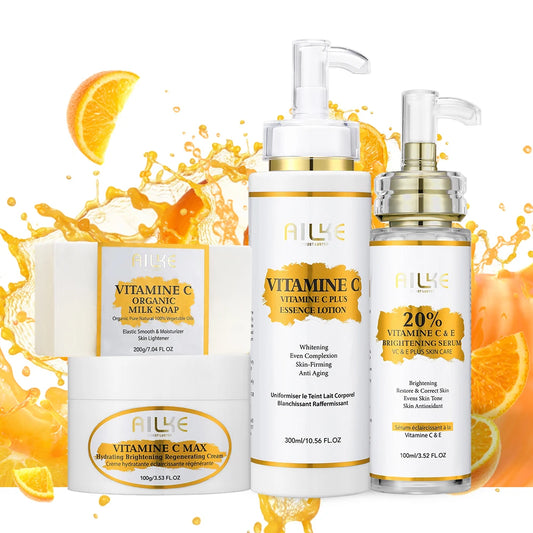 Kit Soin Corps Vitamine C 4 Pièces - Lotion Éclaircissante Crème Teint Uniforme Sérum Blanchissant Savon