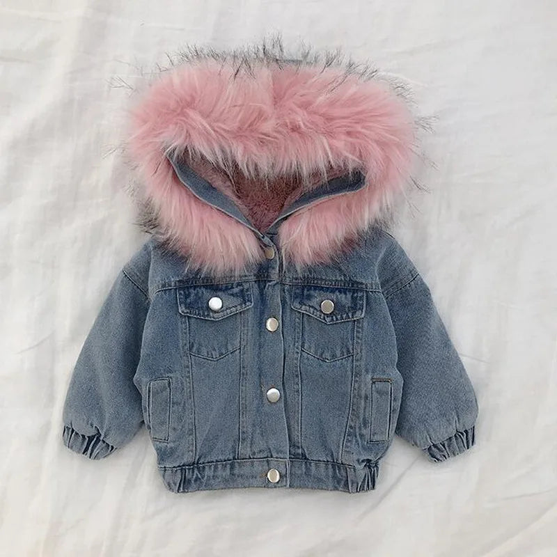 Veste en jean fille hiver - Denim avec capuche fourrée