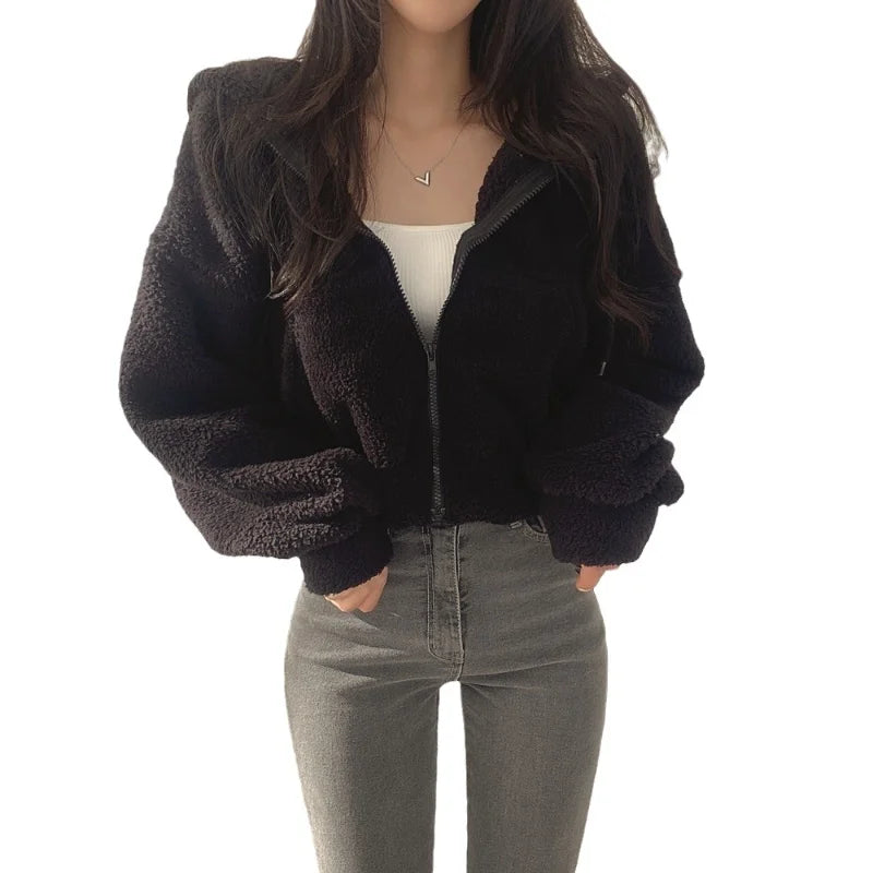 Veste Polaire Doublée Femme Automne Hiver - Hoodie Zippé Court Chaud Streetwear