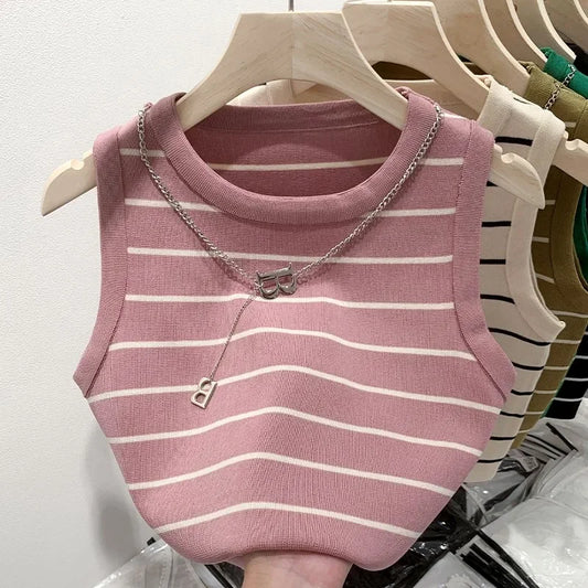 Débardeur Femme Rayé Sans Manches - Top Court Tricot Été Tempérament Élégant