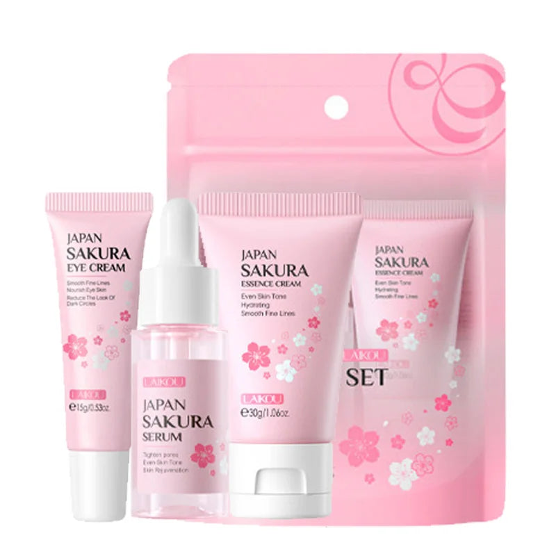 Coffret Soin Visage LAIKOU 3pcs - Vitamine C Or 24K Sakura Crème Sérum Contour Yeux Hydratant Anti-Rides