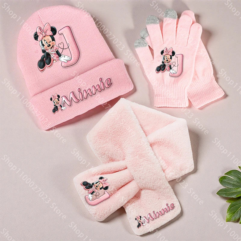 Ensemble Bonnet Écharpe Gants Minnie Mouse Enfant Hiver - Set 3 Pièces Tricoté Chaud Fille Cadeau