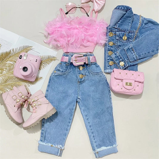 Ensemble Fille 2 Pièces Été - Caraco Plumes Rose + Pantalon Denim Poches