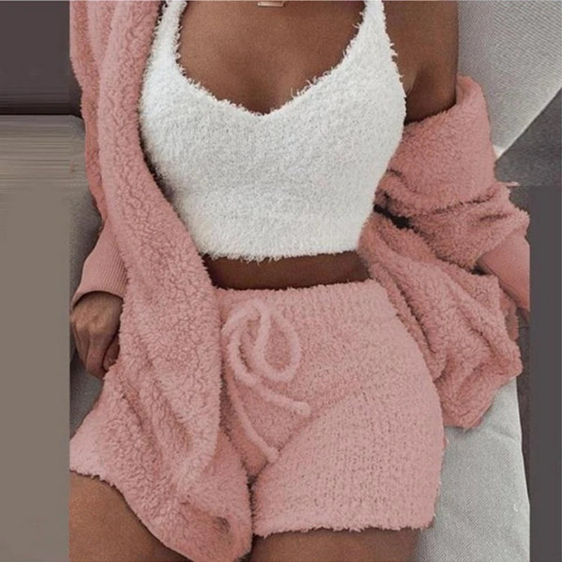 Ensemble Pyjama Fluffy 3 Pièces Femme - Hoodie Débardeur Short Grande Taille Hiver
