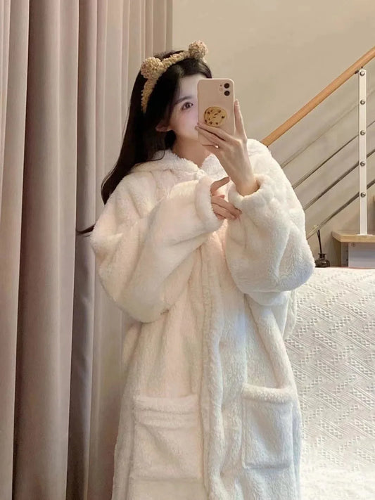 Peignoir Femme Polaire Oreilles de Lapin - Robe de Chambre Douce Automne Hiver - Homewear Cartoon