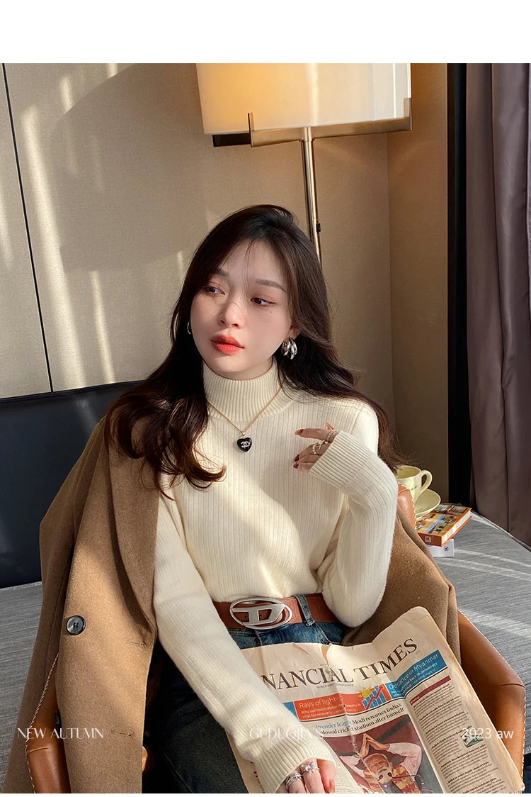 Pull Col Roulé Femme Hiver 2025 - Doublure Velours Épais Thermique Rétro