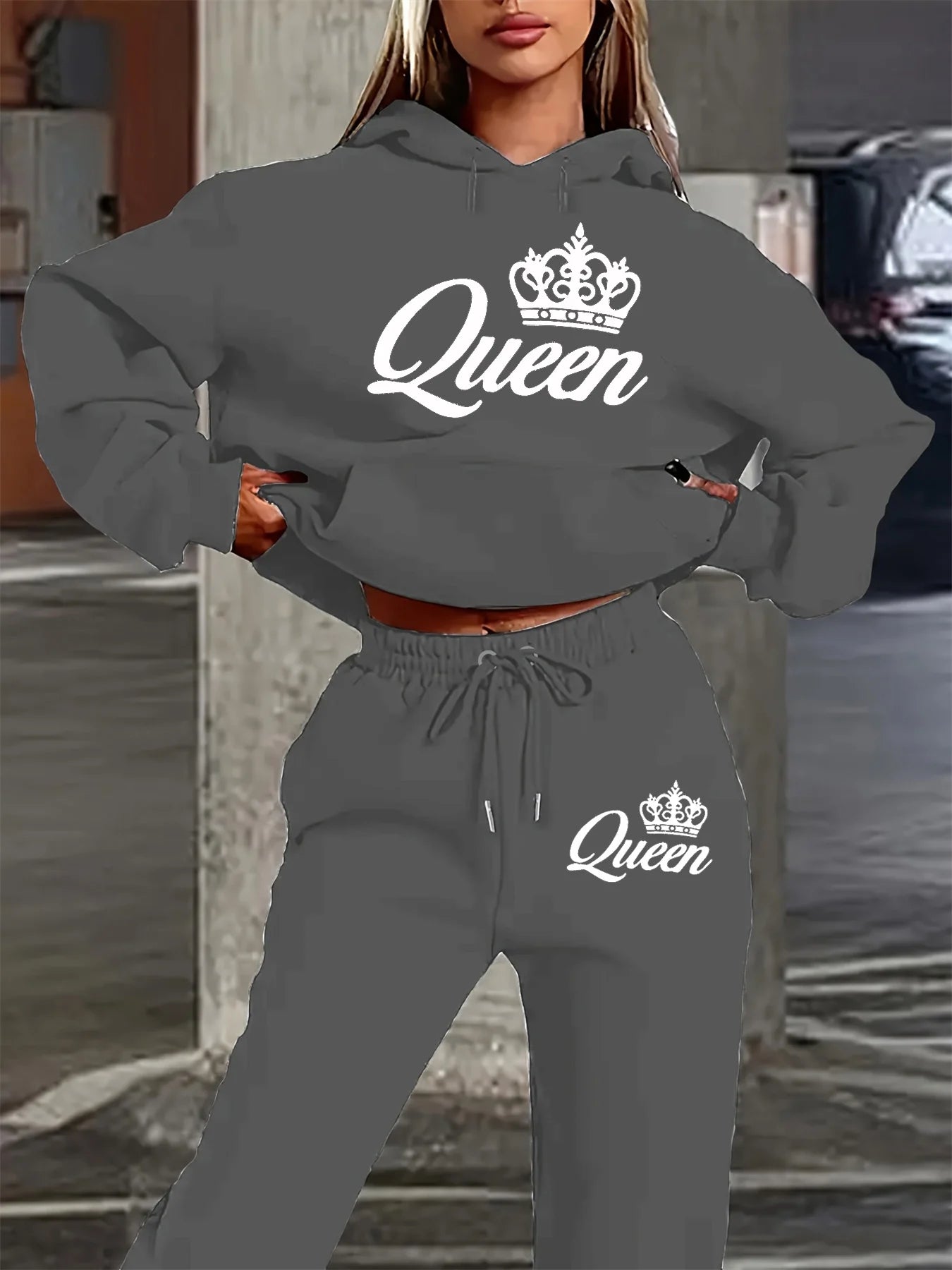 Ensemble Jogging Femme Hip-Hop Queen - Sweat Capuche + Pantalon Sport, Imprimé Lettres Streetwear Automne Hiver