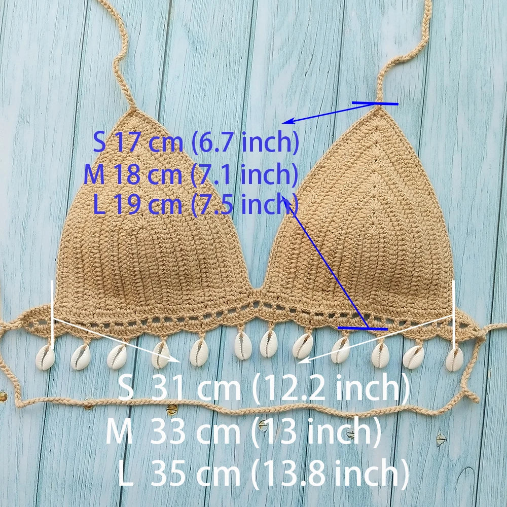 Ensemble Bikini 3 Pièces Crochet avec Coquillages - Top à Franges, String Sexy et Chaîne de Cheville Coquillage
