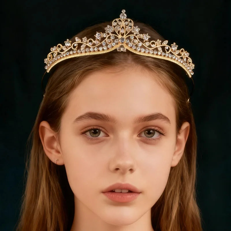 Couronne Tiara Princesse Fille Cristal Or - Accessoire Cheveux Danse Anniversaire