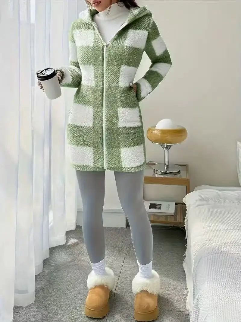 Manteau Femme Hiver Chaud Peluche - Carreaux Capuche Long Zip Cardigan