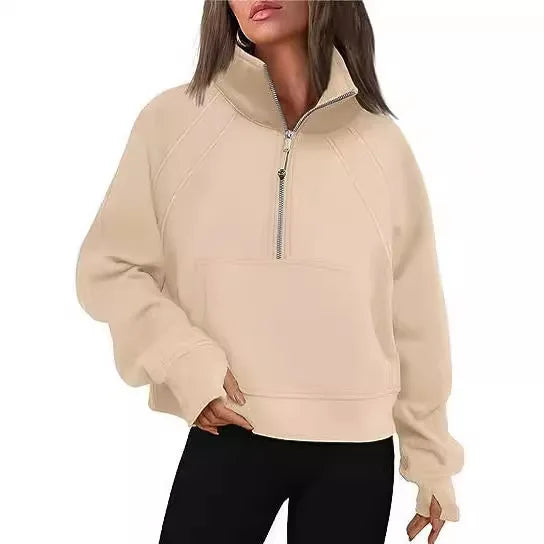 Sweat Femme Col Montant Demi-Zip - Hoodie Poche Manches Longues Loose Sportswear Streetwear Printemps Automne