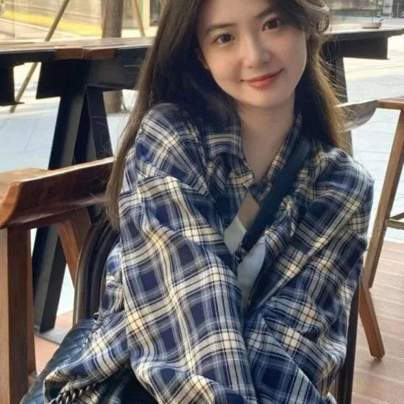 Chemise Carreaux Rose Femme - Automne Hiver, Manches Longues Loose Casual Chic