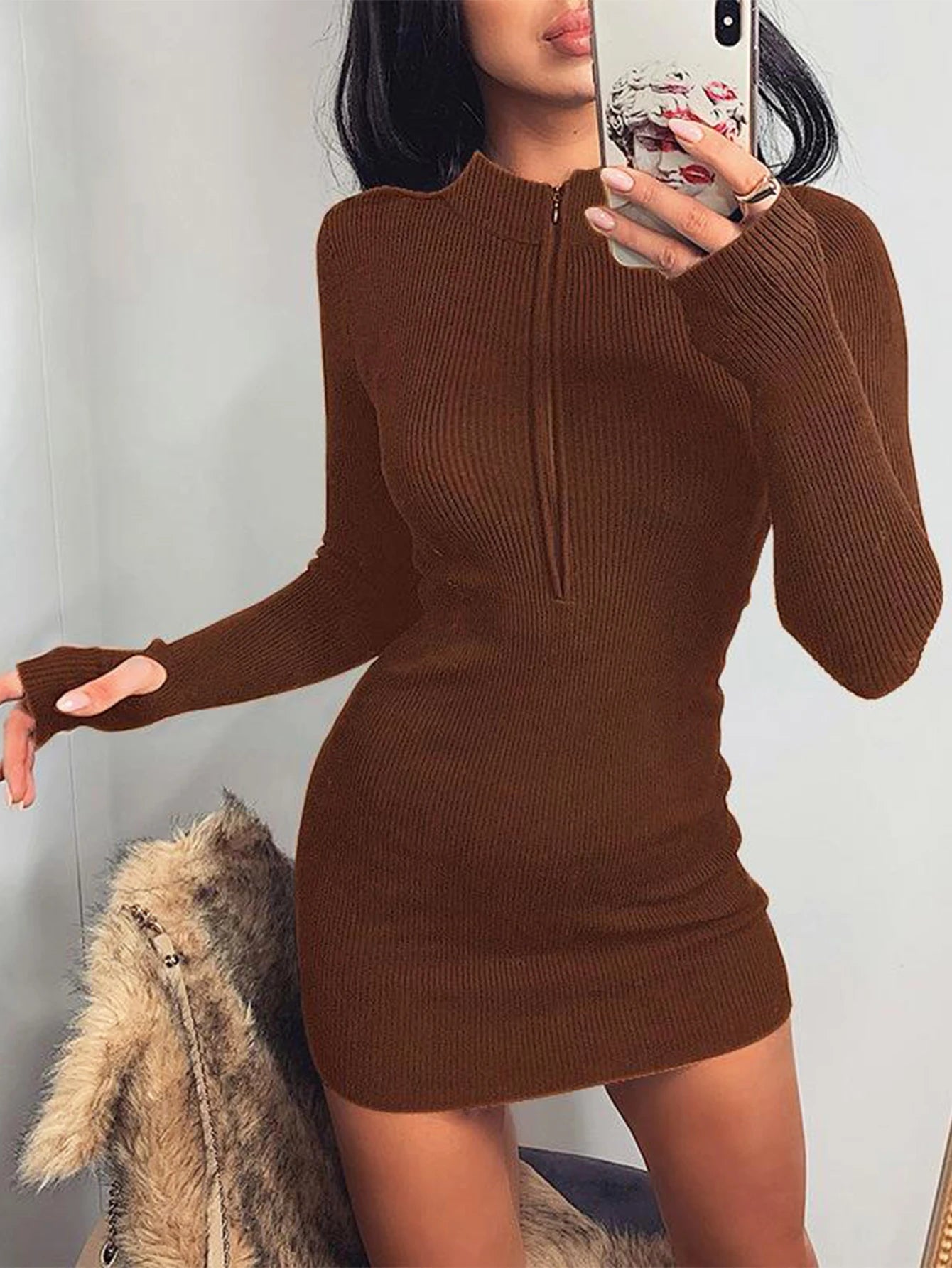 Robe Femme Manches Longues Col Zippé - Robe Moulante Sexy Couleur Unie Slim Fit