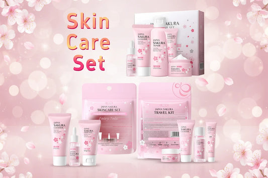 Coffret Soin Visage Sakura 5pcs - Nettoyant Sérum Crème Yeux Visage Protection Solaire Voyage Femme