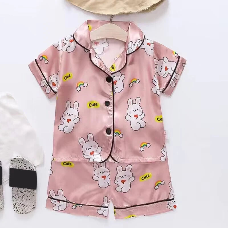 Kids Cartoon Bear Pajama Set - Ice Silk Satin Summer Sleepwear