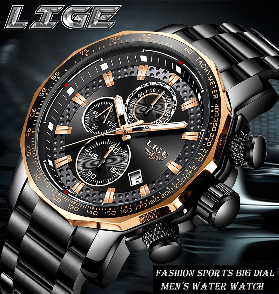 Montre Sport Homme LIGE Chronographe Or Noir - Acier Waterproof Luxury