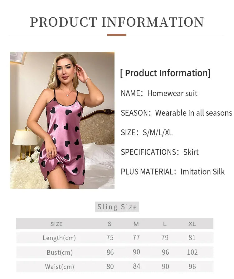 Nuisette Été Soie Imprimé Cœur Dos Croisé - Col Rond Slip Mini Sleep Dress Pyjama Femme