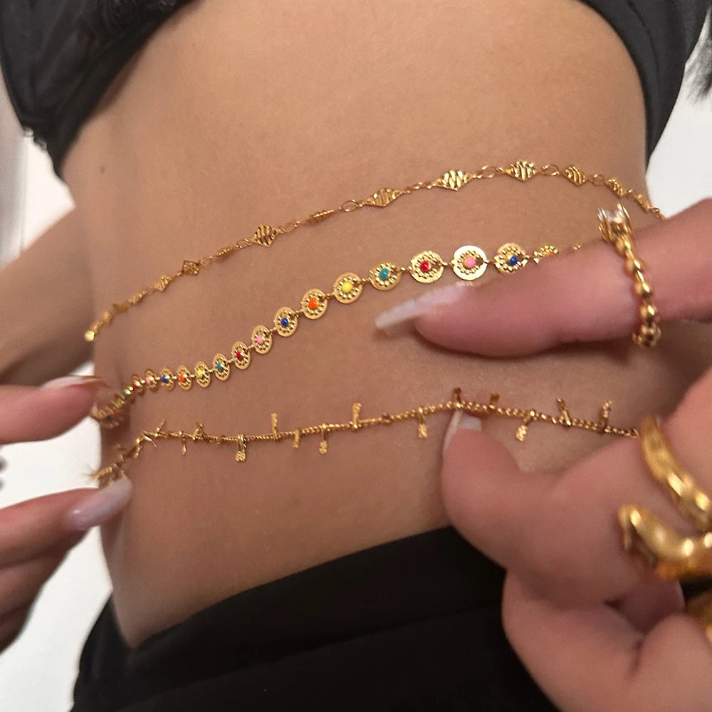 Chaîne Taille Fleur Gravée Or 18K - Belly Chain Acier Inoxydable Sexy Bikini Plage Été