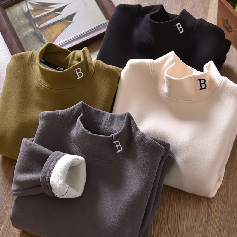 T-Shirt Thermique Enfant - Col Montant Velours Broderie Lettre