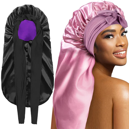 Bonnet Nuit Cheveux Longs Satin Extra Large Femme - Bandeau Élastique Soyeux Confortable Sommeil Douche Protection