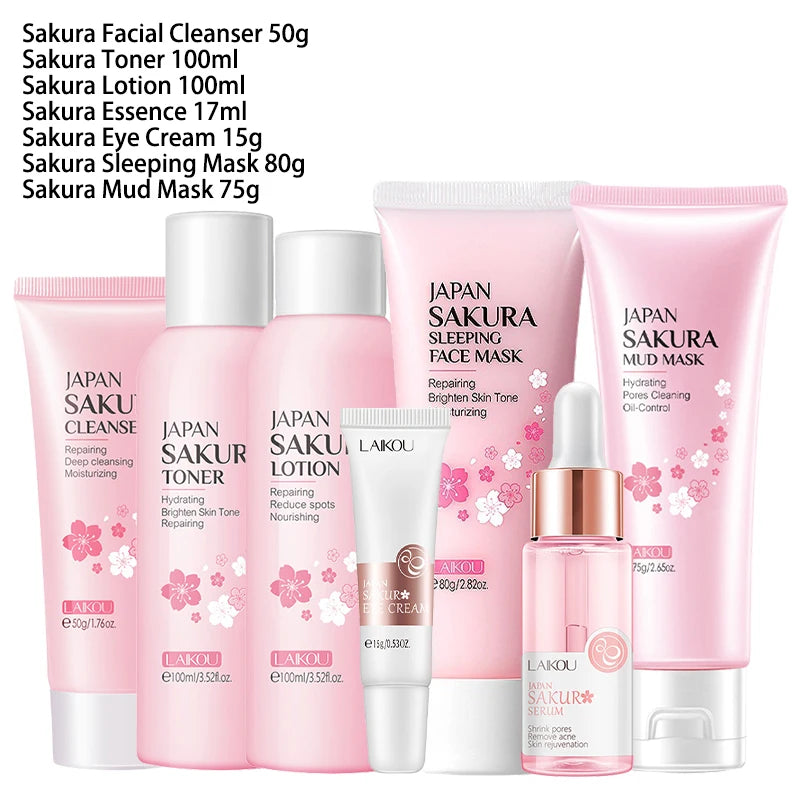 Kit Soin Visage Sakura 9 Pièces - Nettoyant Crème Masque Protection Solaire Contour Yeux Coréen