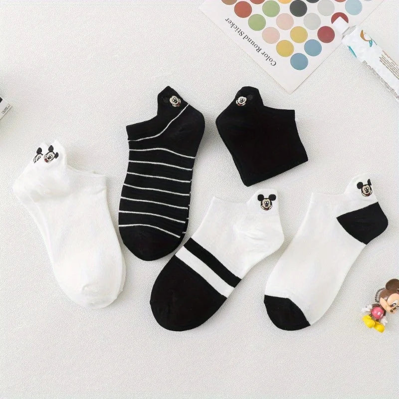 Lot 5 Paires Chaussettes Mickey Mouse Enfant - Socquettes Coton Noir Blanc Cartoon Respirantes