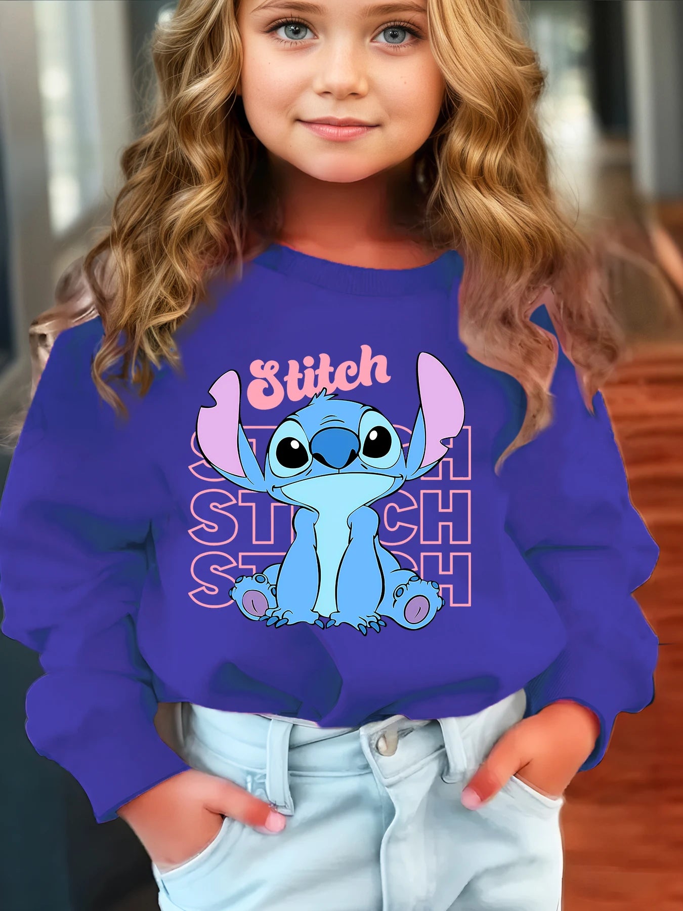 Sweat Enfant Stitch Disney Col Rond - Pull Casual Imprimé Cartoon Fille Garçon Cadeau
