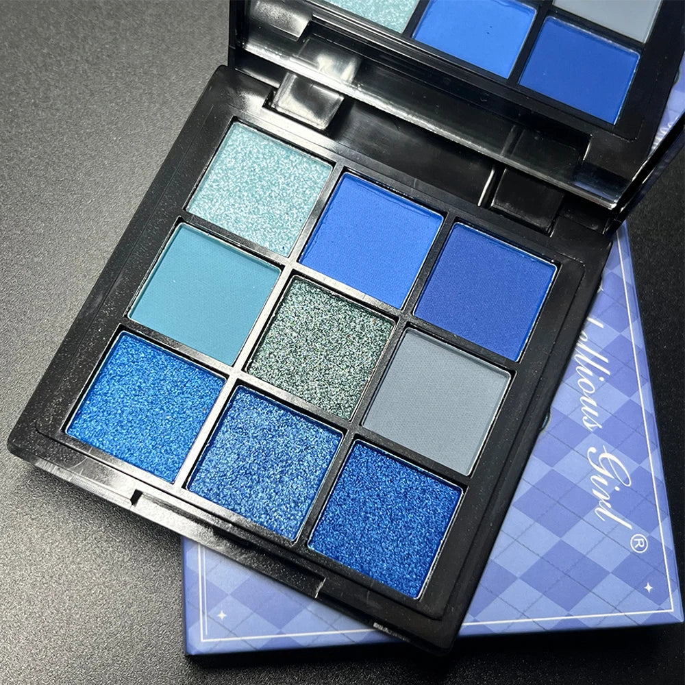 Palette Fard à Paupières Bleu Luxe 9 Couleurs - Mat Velours et Paillettes Waterproof Smoky Eyes Longue Tenue