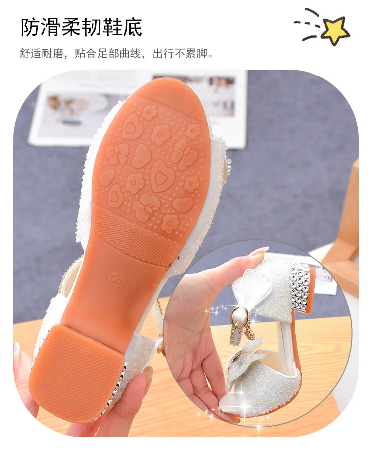 Sandales Fille Été 2025 Nœud Cristal - Chaussures Talons Princesse Blanches Mariage Cérémonie