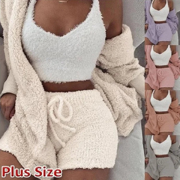 Ensemble Pyjama Fluffy 3 Pièces Femme - Hoodie Débardeur Short Grande Taille Hiver