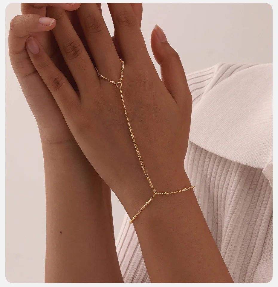 Bracelet Bague Chaîne Acier Inoxydable Femme - Bijou Main Perles Vnox Tendance Cadeau