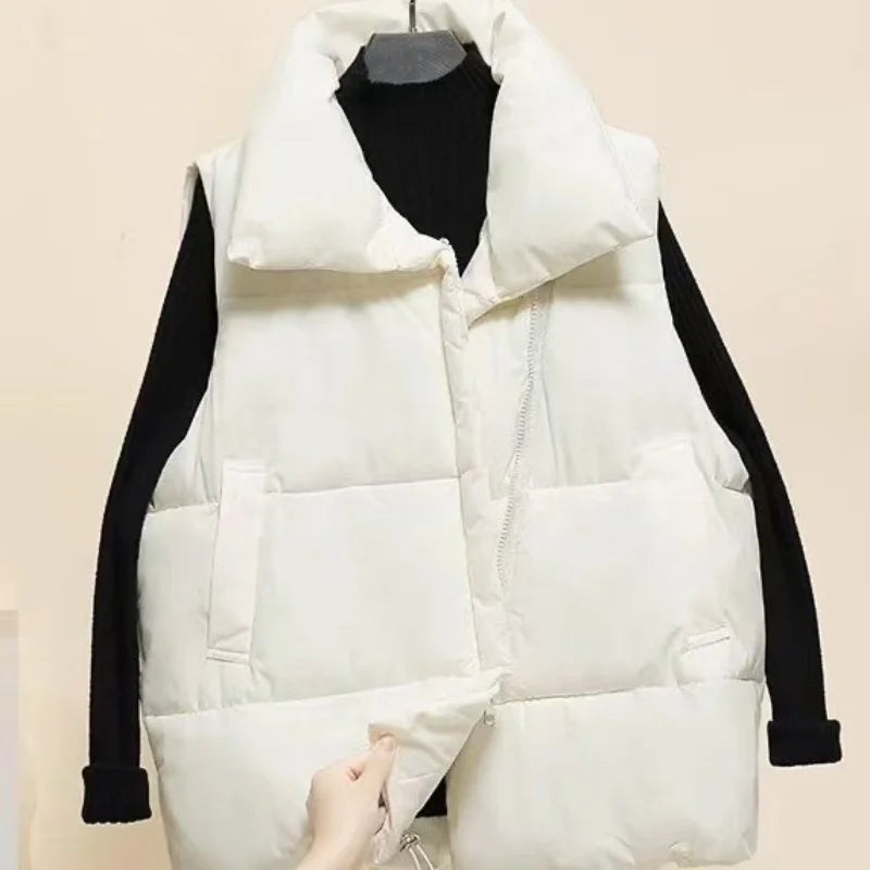 Gilet Femme Hiver Chaud Rembourré - Sans Manches Zip Fashion Loose Col Montant Couleur Unie Manteau