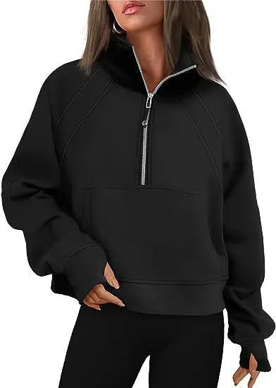 Sweat Femme Col Montant Demi-Zip - Hoodie Poche Manches Longues Loose Sportswear Streetwear Printemps Automne