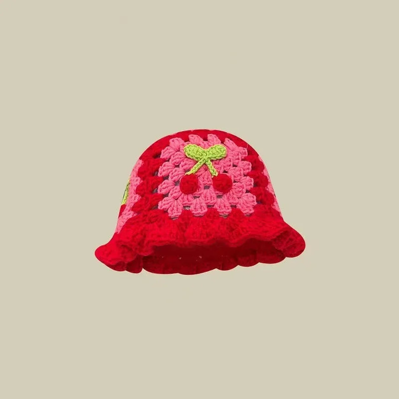 Chapeau Bob Crochet Coréen Fait Main avec Fleurs - Bonnet Tricoté Y2K Femme pour Automne Hiver