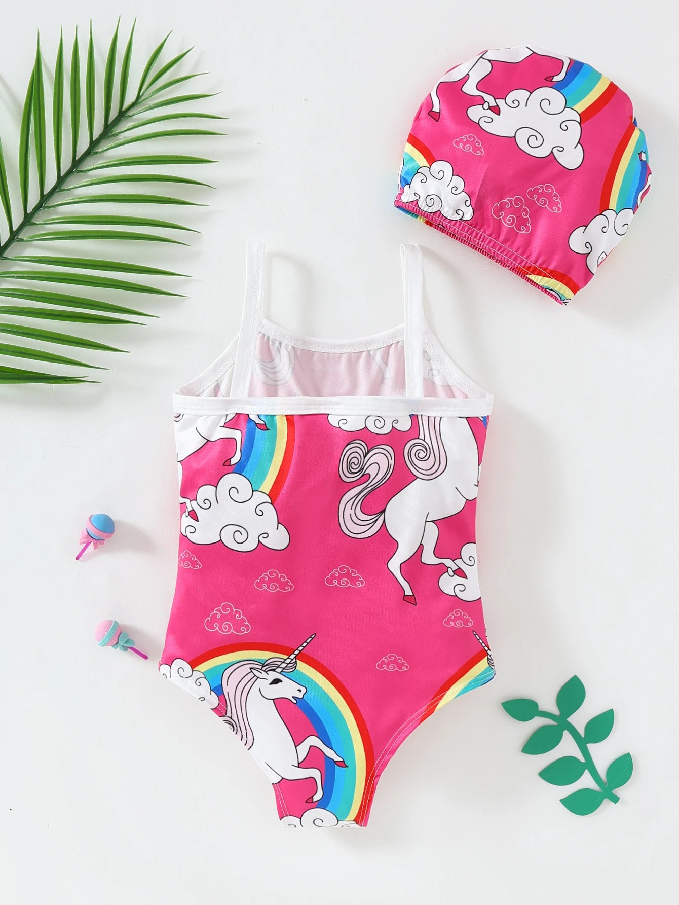Maillot de Bain Bébé Licorne Arc-en-Ciel 2 Pièces - Bikini Bretelles Rose Nuages Chapeau Été