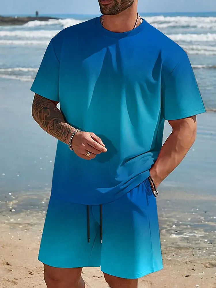 Ensemble Homme 2 Pièces Imprimé Hawaïen - T-Shirt Manches Courtes & Short de Plage