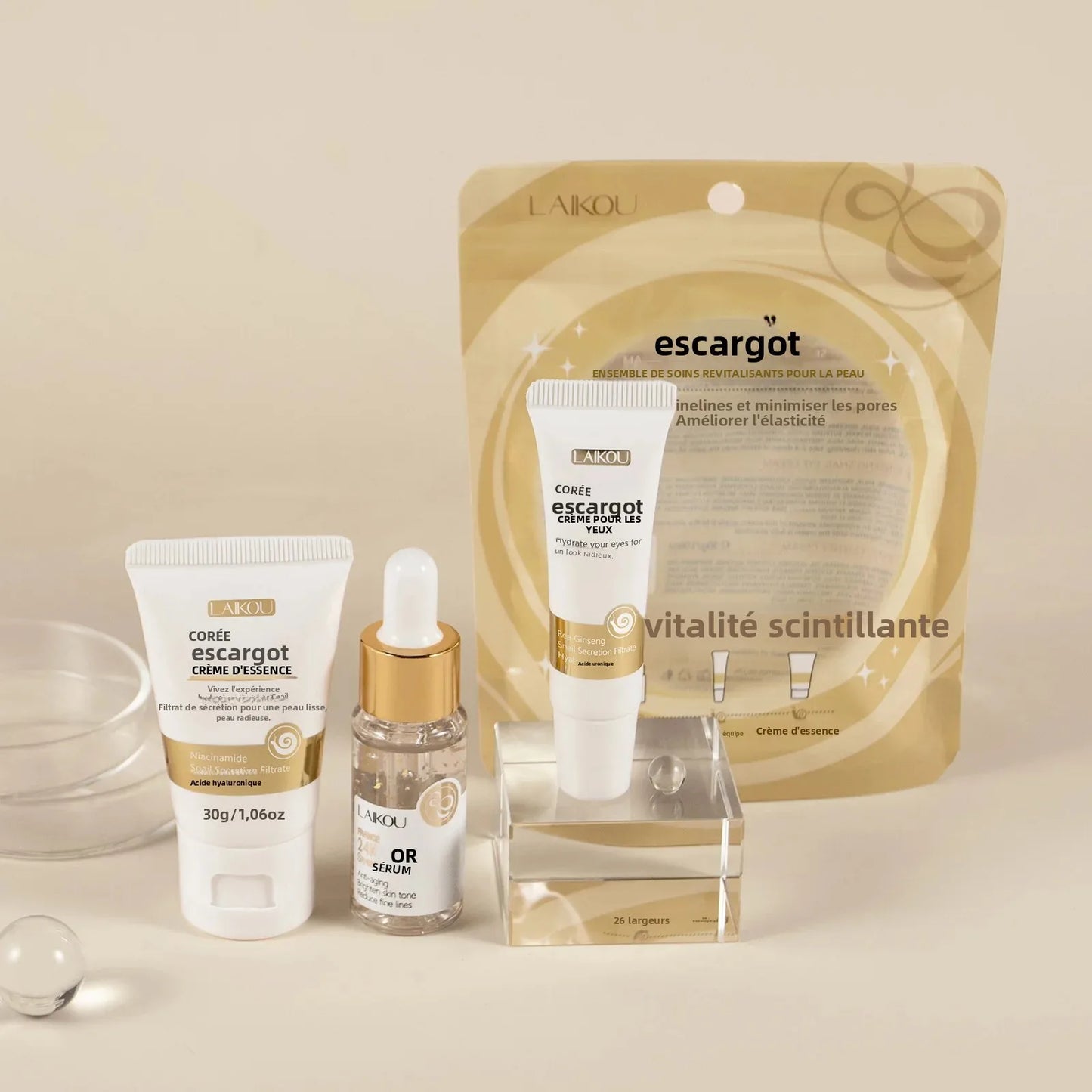 Set Luxe Sérum Or 24K Bave d'Escargot - Crème Yeux Essence Réparation Hydratant Anti-Rides Pores Lissant Soin Visage